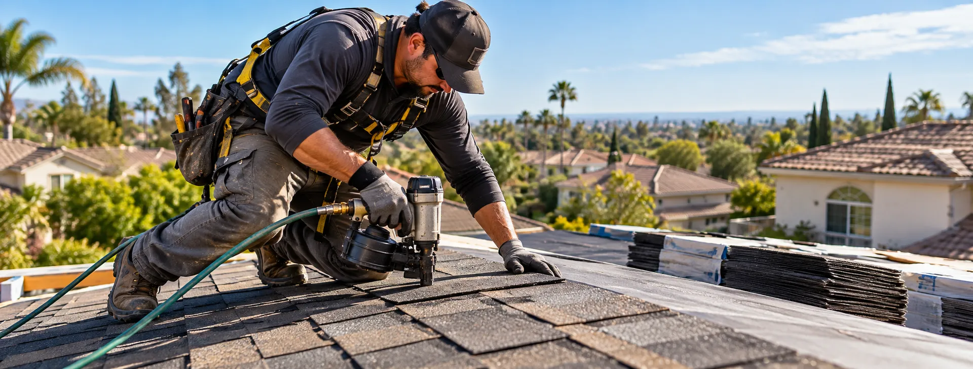 Roofer nailing new asphalt shingles on a Florida home
