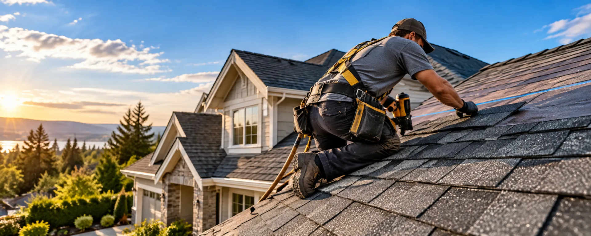 Roofer installing asphalt shingles on a two-story home at sunset