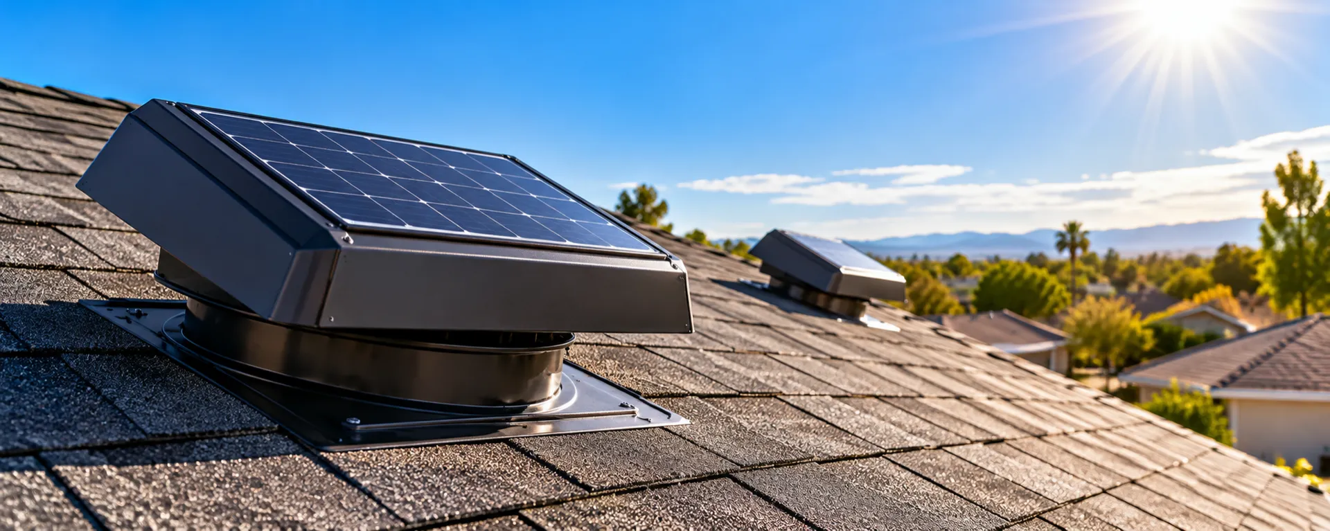 Solar attic fans installed on a shingle roof on a sunny day