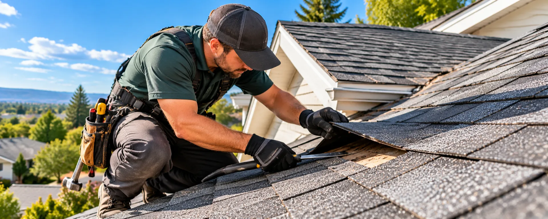 Roofer lifting a damaged shingle to repair a roof leak