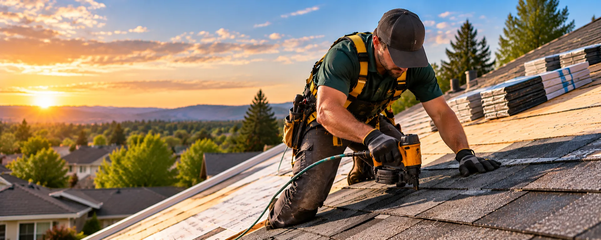 Roofer nailing new shingles during a roof replacement