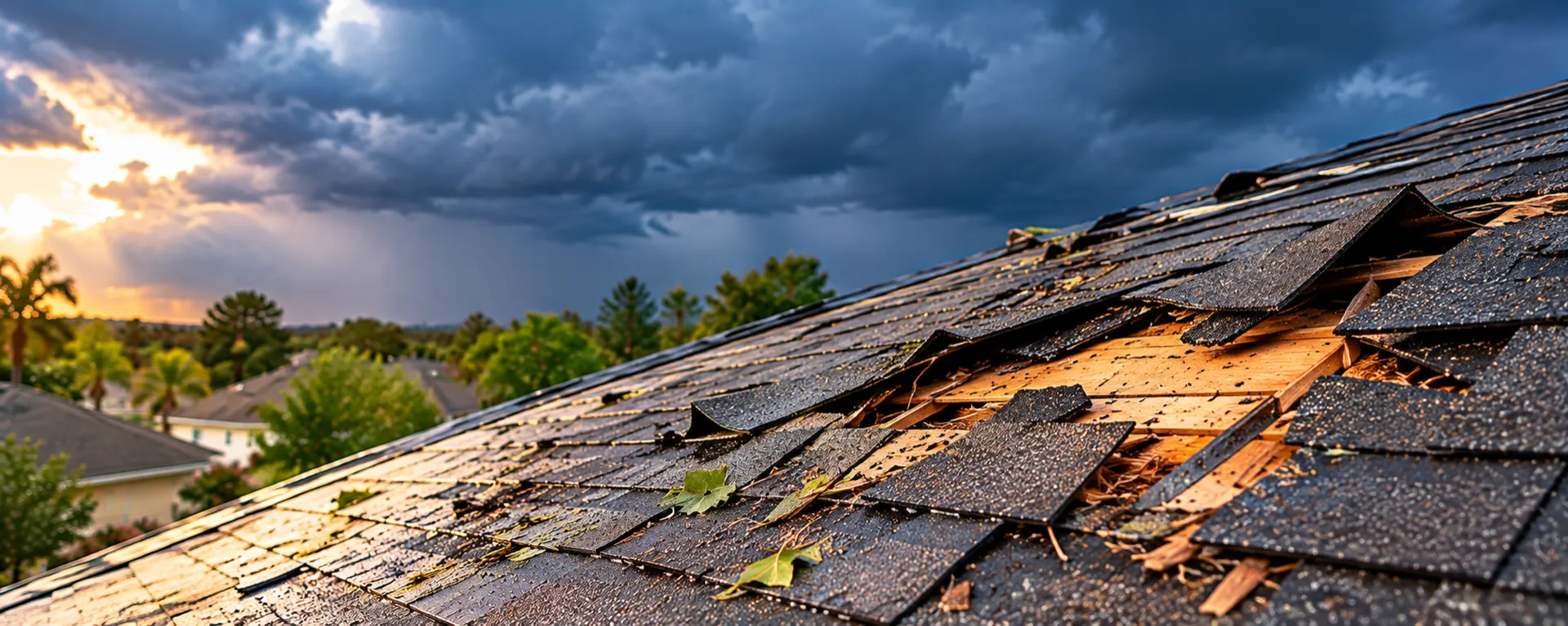 Shingle roof with storm damage under dark storm clouds