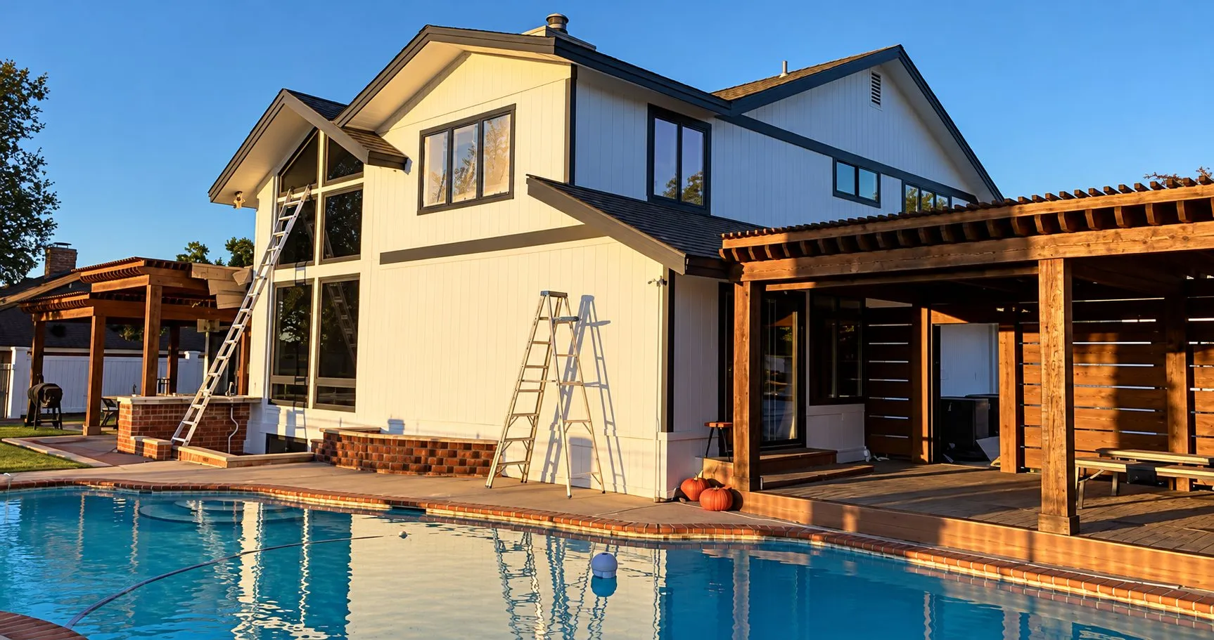 Two-story home with fresh white exterior paint and dark trim, ladders still up beside the pool