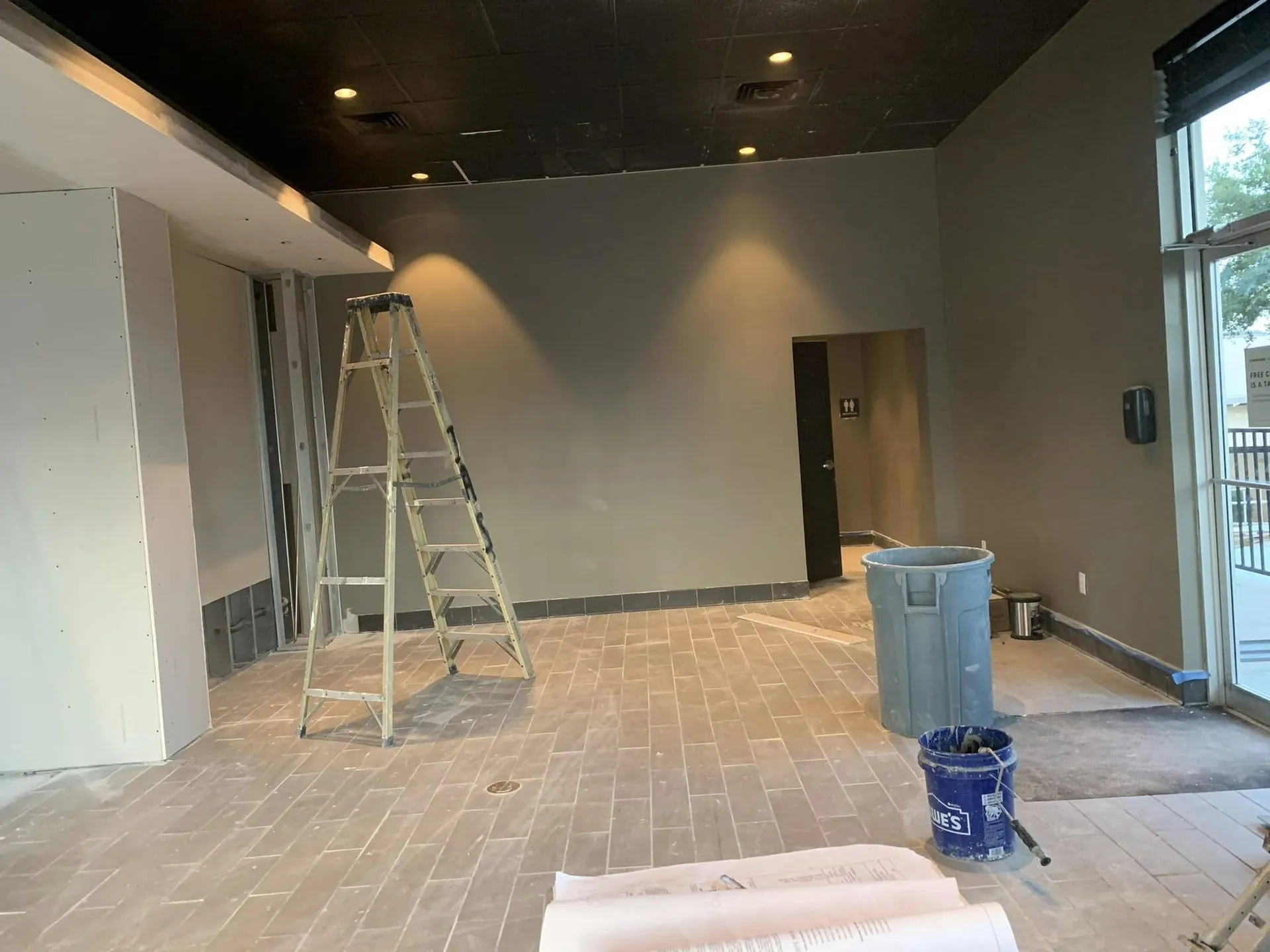Commercial space with freshly painted gray walls