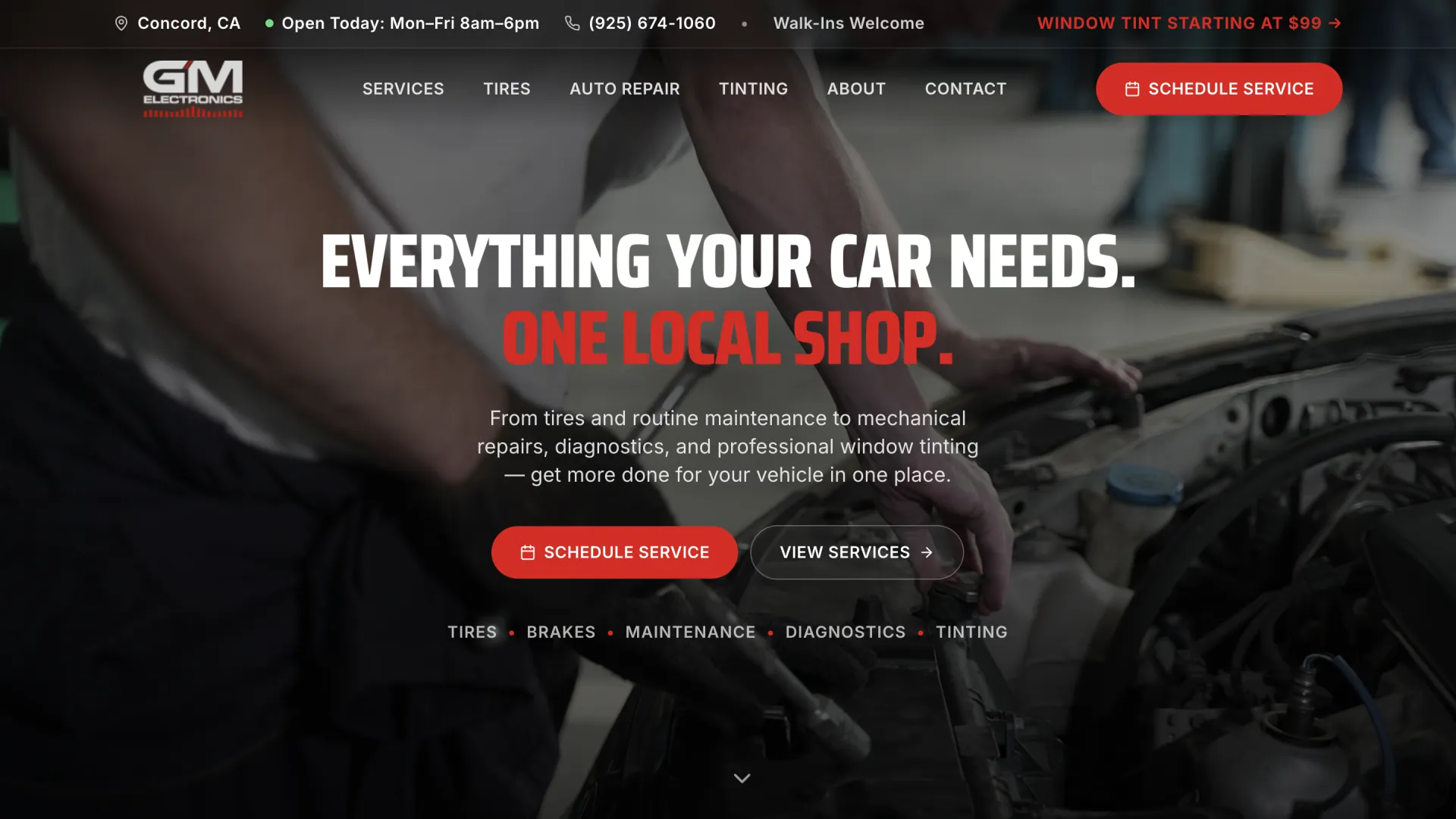 GM Electronics auto repair and tinting website build by WebWorkBay