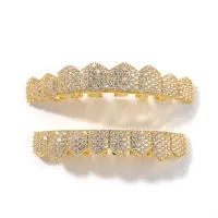 HIGH- END LUXURY ICED OUT TOP&BOTTOM 5A CZ STONES  TEETH GRILLS- PUNK RAPPER 24K GOLD – Image 4