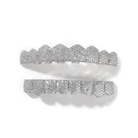 HIGH- END LUXURY ICED OUT TOP&BOTTOM 5A CZ STONES  TEETH GRILLS- PUNK RAPPER 24K GOLD – Image 1