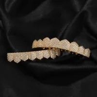 HIGH- END LUXURY ICED OUT TOP&BOTTOM 5A CZ STONES  TEETH GRILLS- PUNK RAPPER 24K GOLD – Image 7