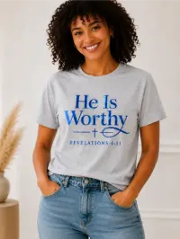 He Is Worthy Christian T-Shirt – Heather Grey, Small