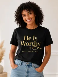 He Is Worthy Christian T-Shirt – Black, Large