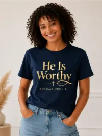 He Is Worthy Christian T-Shirt – Navy Blue, Small