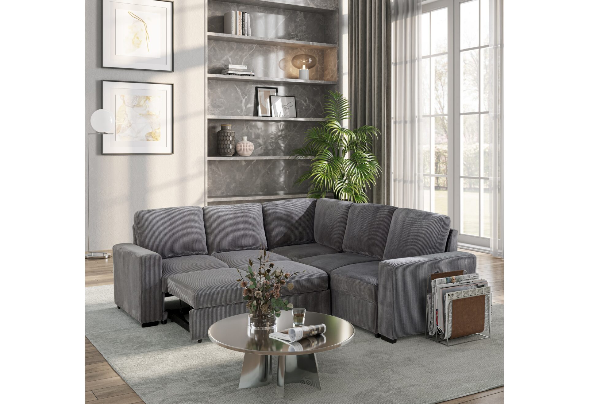 Baldwin Collection Sectional – U2660 GREY SECTIONAL W/O CHAISE AND W/ PULLOUT SOFA BED -U2660-6-GREY-SECTIONAL W/O CHAISE AND W/ PULLOUT