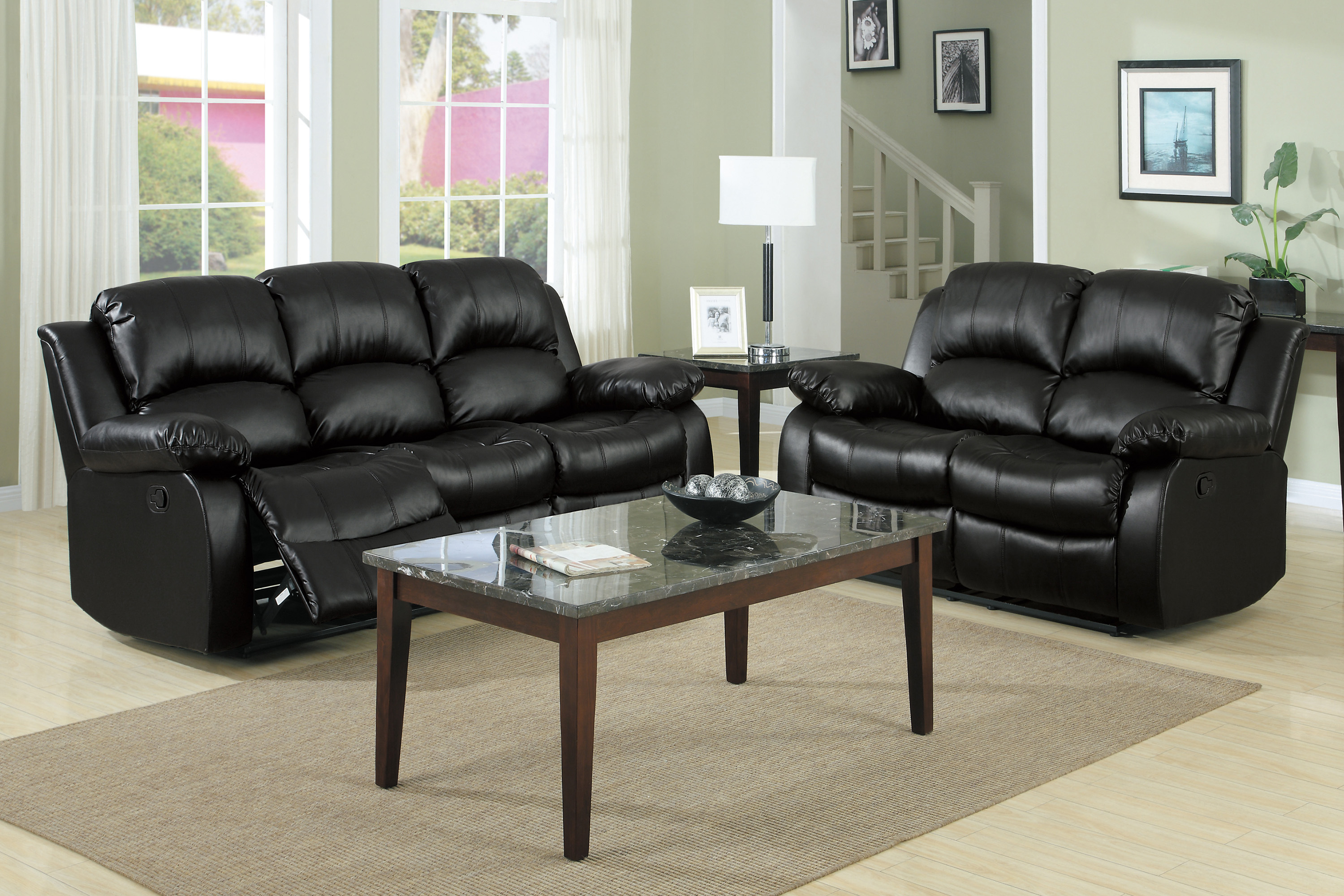 Cranley 2-Piece Black Faux Leather Reclining Sofa & Loveseat Set – Image 3