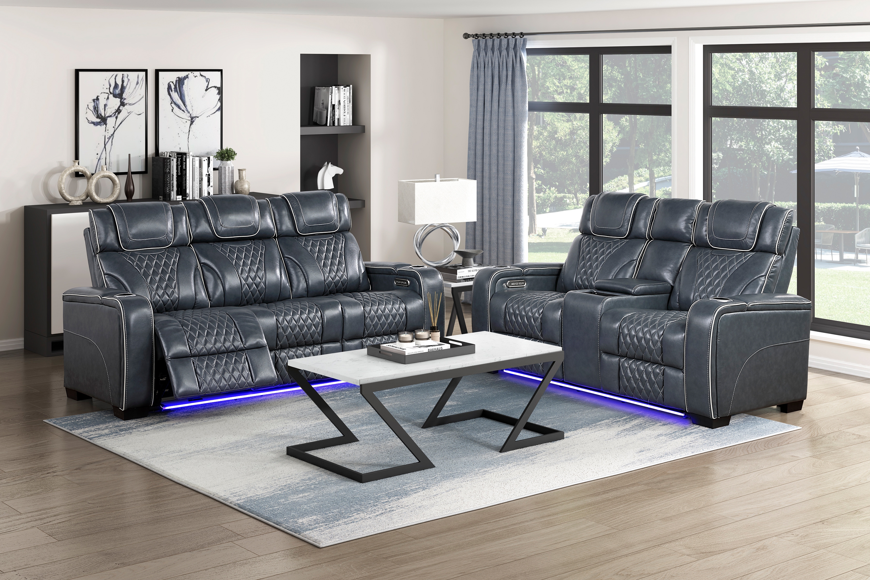 Apex 2-Piece Leather-Match Power Reclining Sofa & Loveseat Set – Blue
