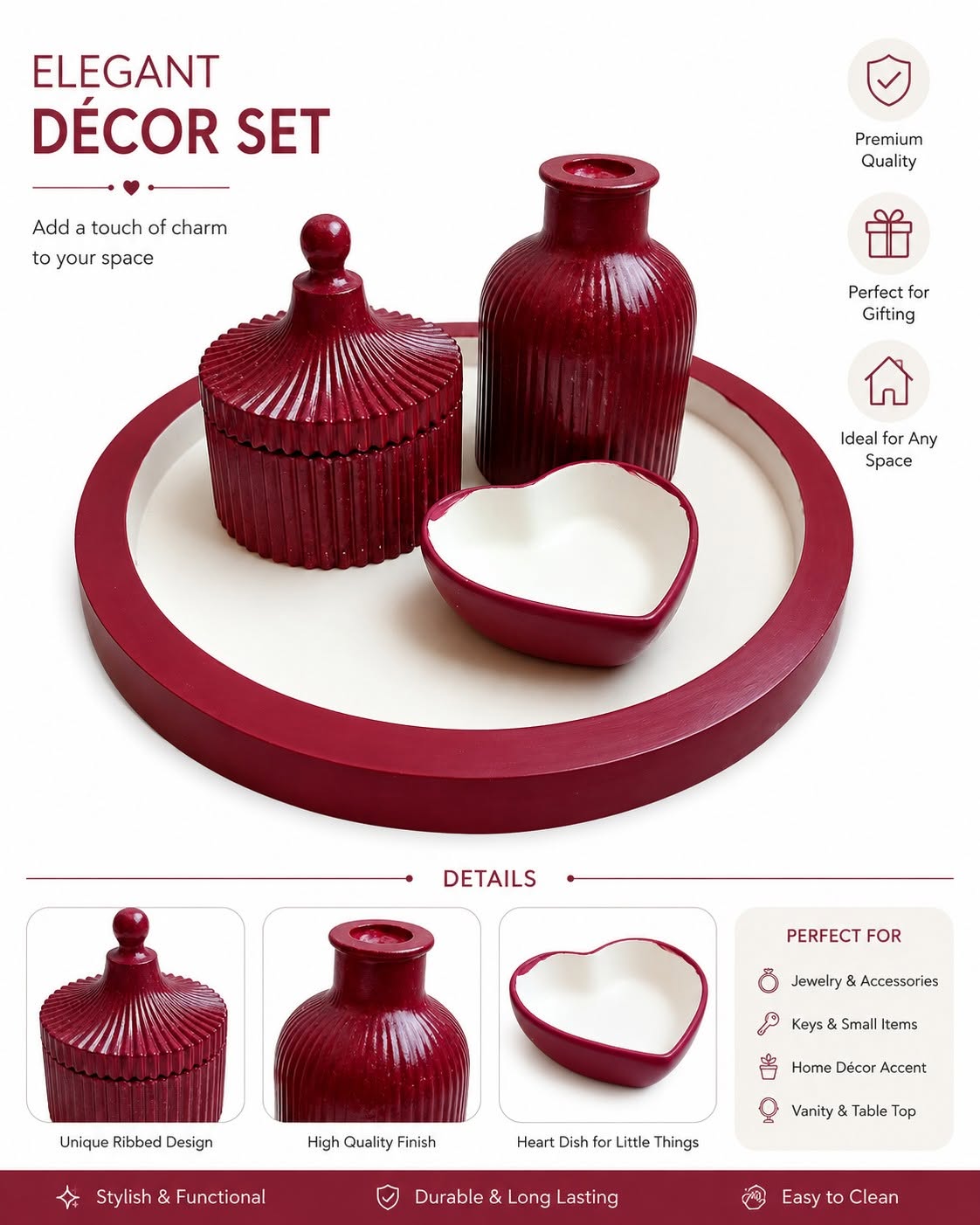 Elegant Gypsum Décor Set – Decorative Vase, Lidded Jar & Heart Tray – Image 3