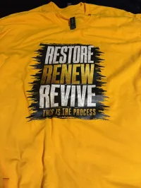 $25 Restore Renew Revive Brushstroke Edition – “This Is The Process” Gold Tee – Med
