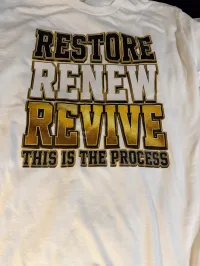 $25 Restore Renew Revive Legacy Edition Tee – White & Gold – Med