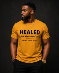 HEALED – The New Lifestyle Tee for Men – M, Gold/Black