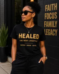 HEALED – The New Lifestyle Tee for Women – M, Black/Gold