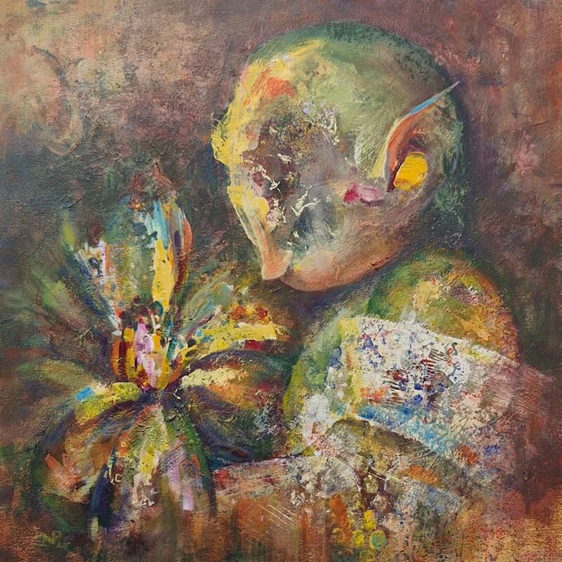 Girl contemplating (while smelling a flower) - Acryl op hout – Afbeelding 1
