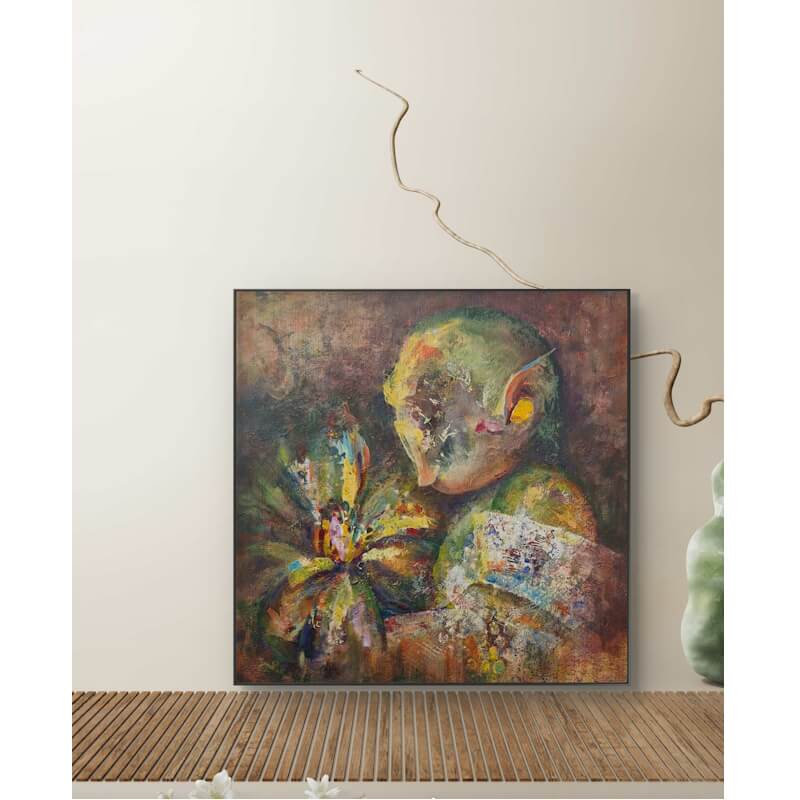 Girl contemplating (while smelling a flower) - Acryl op hout – Afbeelding 2