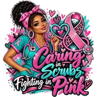  🩺💖 "CARING IN SCRUBS. FIGHTING IN PINK."  BREAST CANCER SUPPORT NURSE LIFE PNG  – Image 1