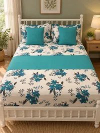 Turquoise Bloom Queen Bedsheet Set – 8 Pieces – Image 1