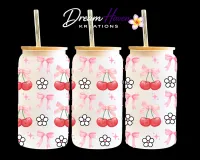 Coquette Glass Tumbler  – Red Cherry/Pink Bow and White Flower