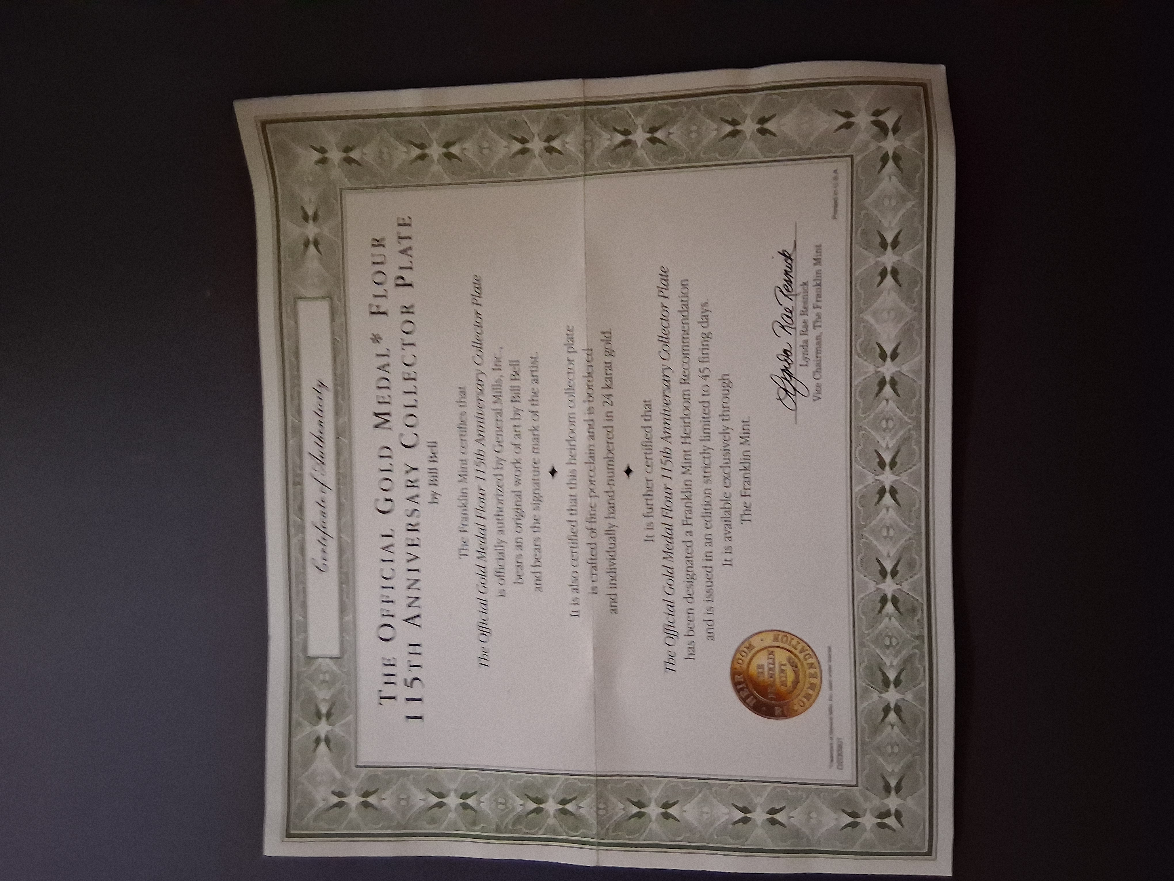 Franklin Mint Bill Bell "Official Gold Medal Flour 115th Anniversary" Collector Plate | 24K Gold Rim – Image 3