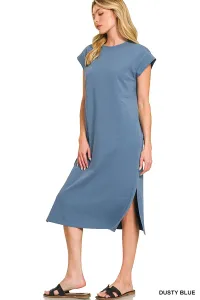 Round Neck Short Sleeve Midi Dress – Extra-Large, Dusty Blue