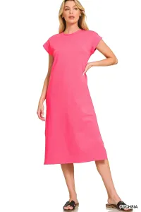Round Neck Short Sleeve Midi Dress – Large, Fuchsia