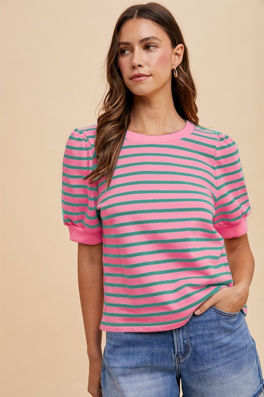 Stripe Puff Sleeve French Terry Knit Top – Image 1