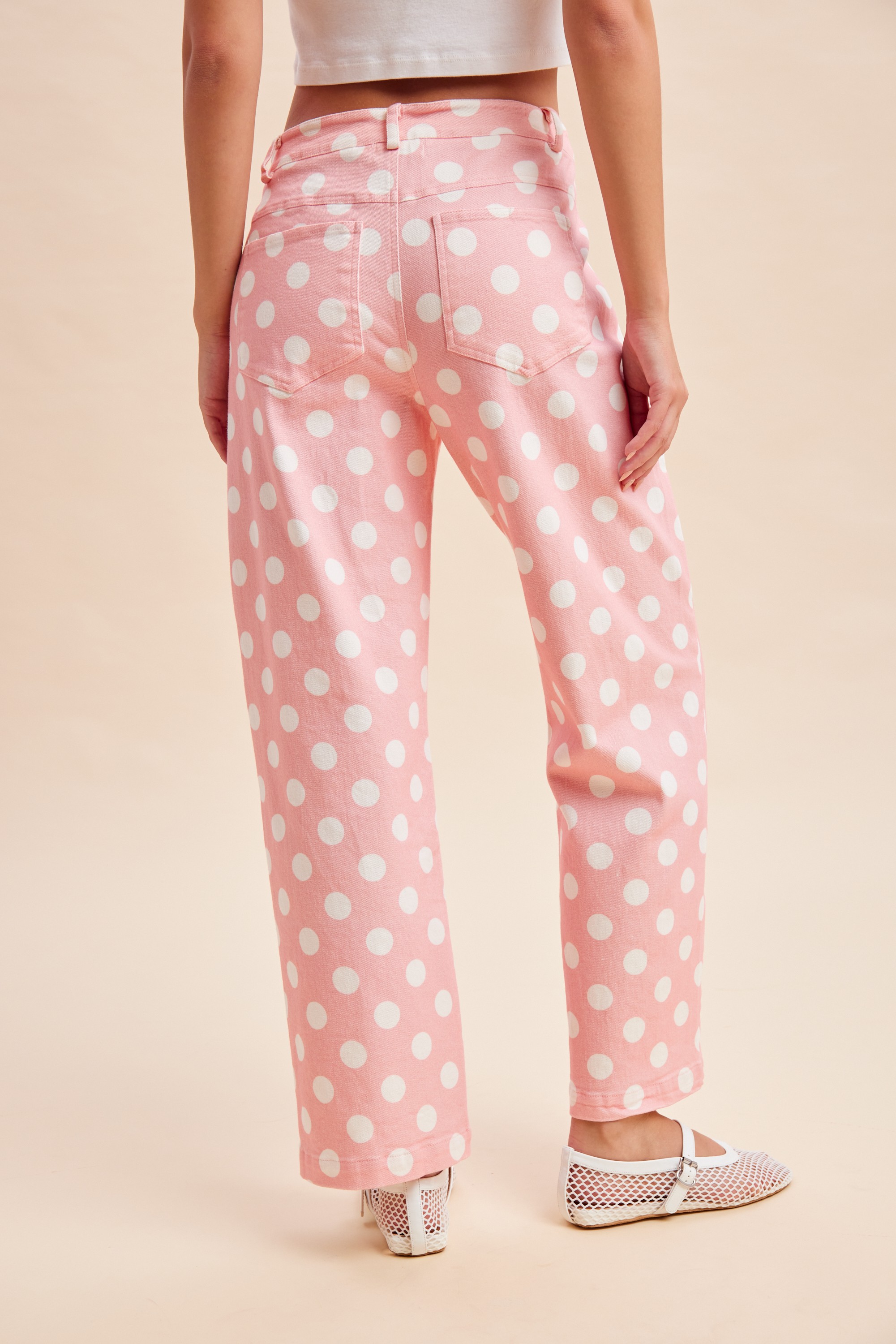 Polka Dot Print Cotton Twill Wide Straight Leg Pants – Image 2