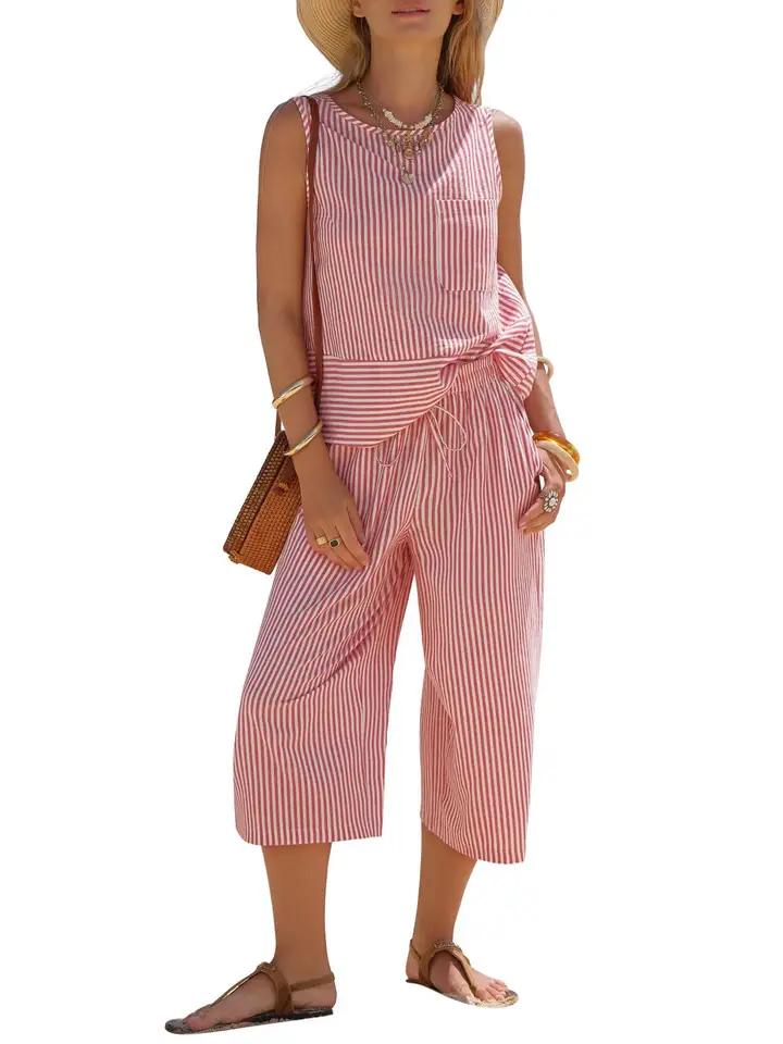 Striped Matching Set Sleeveless Top Capri Pants  – Image 2