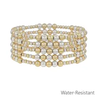 Set of 5 5mm & 3mm Beaded Silver and Gold Stretch Bracelet – Image 1