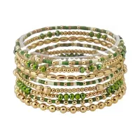 Set of 8 Green Seed Bead & Crystal and Gold Stretch Bracelet – Image 1