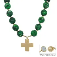 Water Resistant Emerald Green 20mm Beaded with Hammered Gold Cross 18" Magnetic Closure Necklace – Image 1