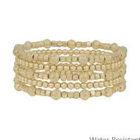 Water Resistant Gold Beaded with Cross Set of 5 Stretch Bracelets – Image 1