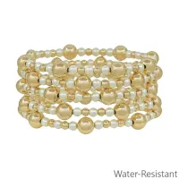 Water Resistant Set of 5 8mm & 4mm Beaded Stretch Bracelets – Gold and Pearl