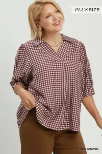 Umgee Gingham Check Collared Puff Sleeve Blouse PLUS – Image 1