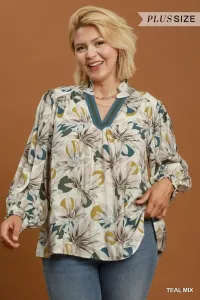 Umgee Floral Split Neck Blouse PLUS – Image 1