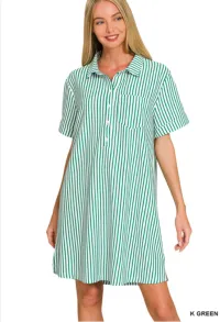 Zenana Stripe collared half button up t-shirts dress – Image 1