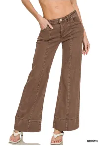 Zenana Mid rise wide leg color denim pants – Small, Brown