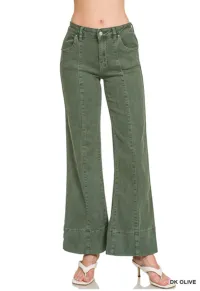 Zenana Mid rise wide leg color denim pants – Medium, Dark Olive