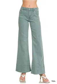 Zenana Mid rise wide leg color denim pants – Medium, Teal