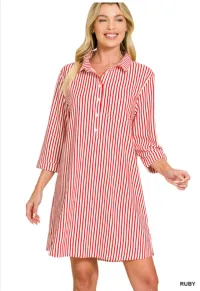 Zenana Collared half button striped dress shirts – Medium, Ruby