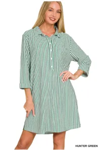Zenana Collared half button striped dress shirts – Medium, Hunter Green