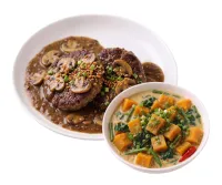 BURGER STEAK  – GINATAANG KALABASA , PLAIN RICE