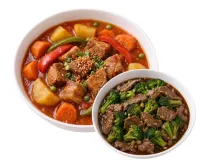 PORK AFRITADA  – BEEF WITH BROCOLLI , PLAIN RICE