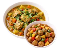 CHICKEN CURRY  – MEAT BALLS WITH SWEET AND SOUR SAUCE , PLAIN RICE